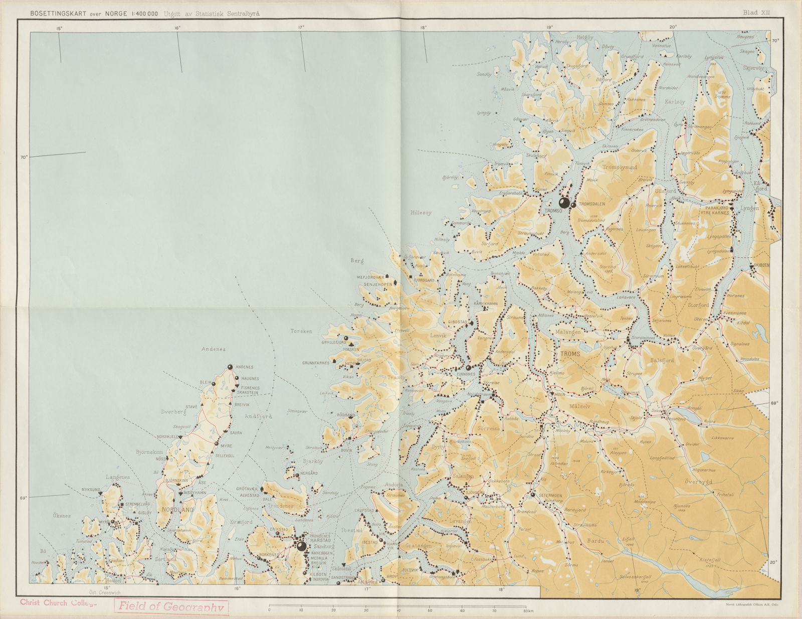 Norway Norge settlements. Tromsö Tromso Harstad. Troms. 48x62cm 1950 old map